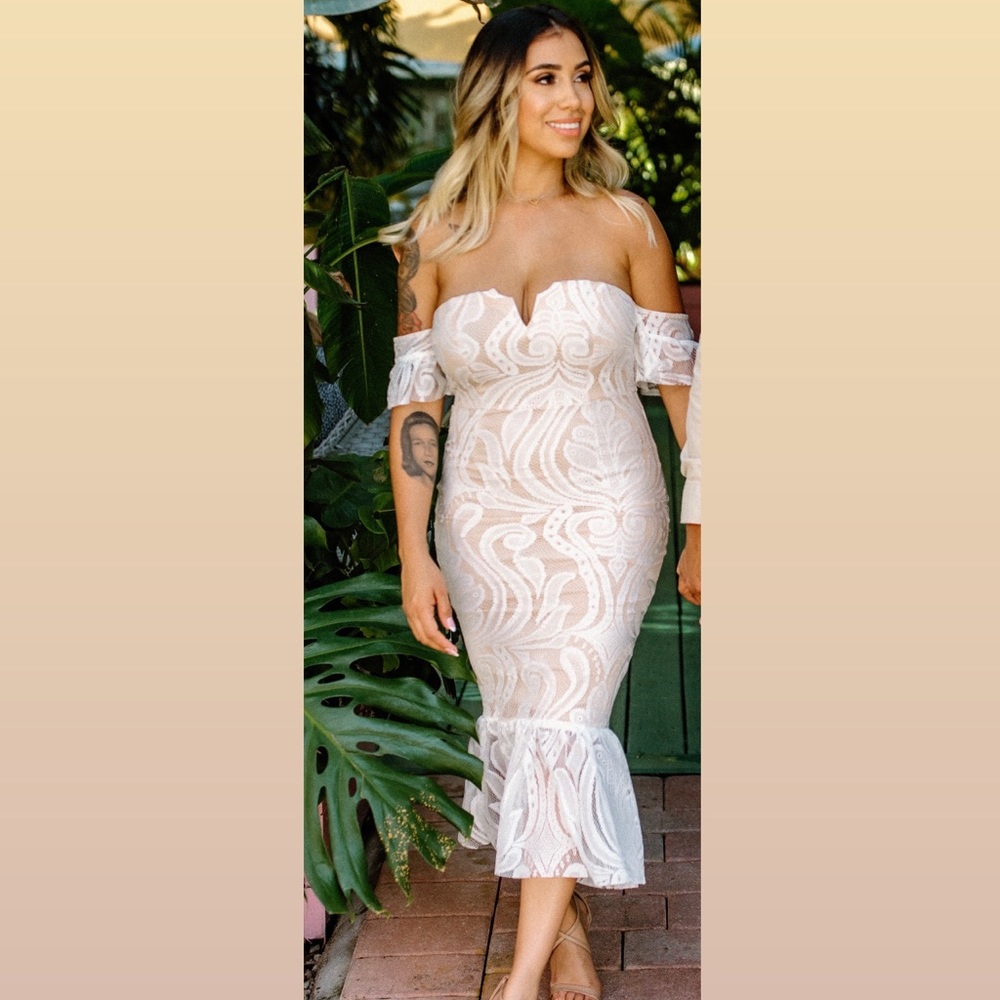 White Bardot Lace Frill Hem Midi Dress